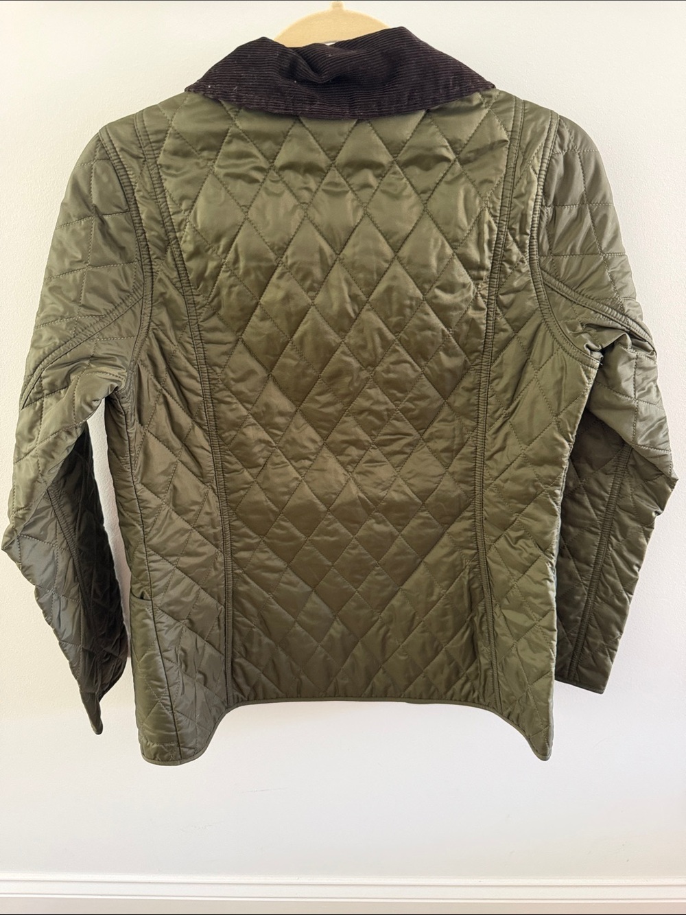 Barbour Olive Green Quilted Jacket with Dark Brown Cord Collar - Picture 3 of 4